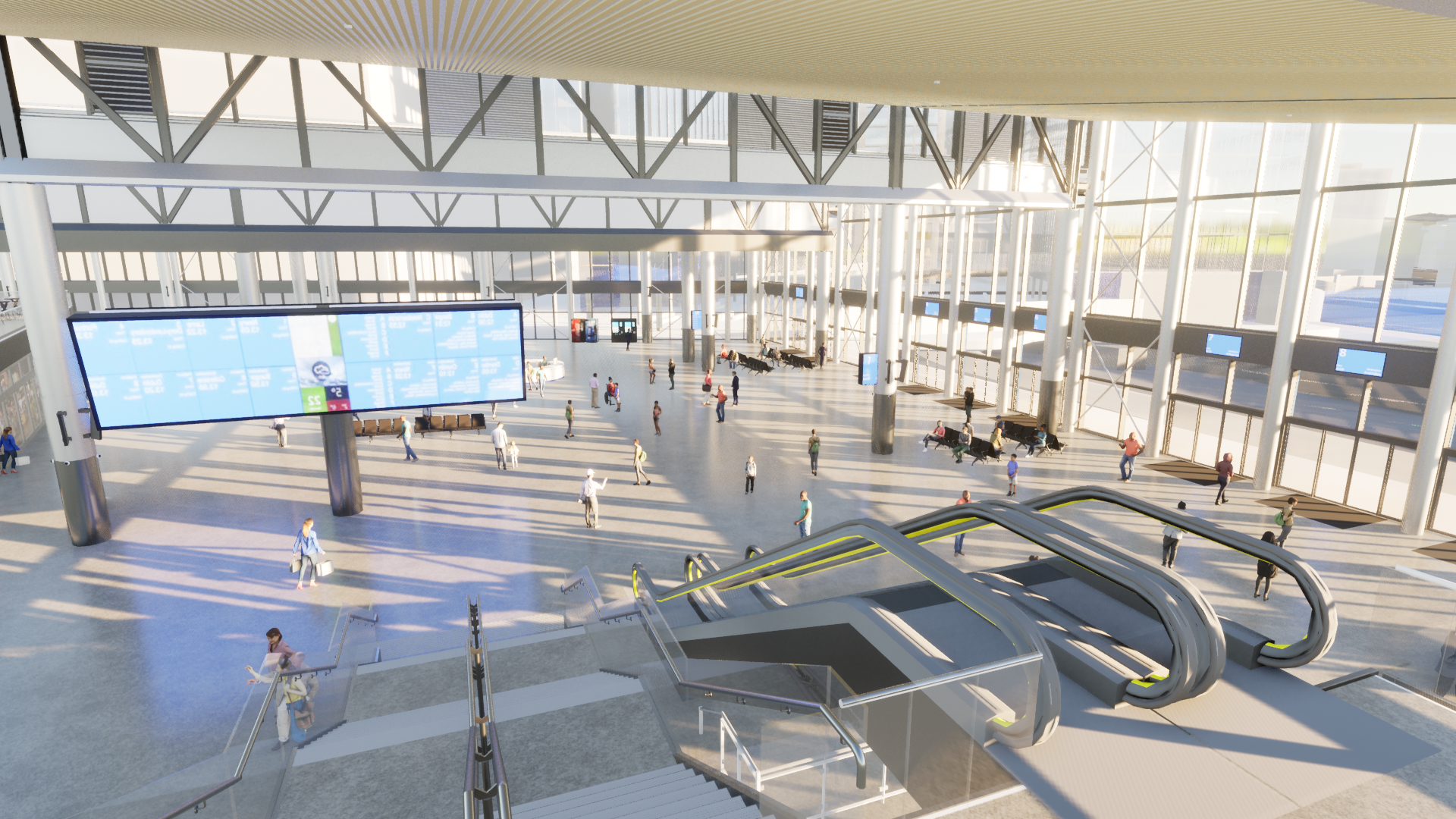 Artist rendering of the interior of the train station, bright and airy
