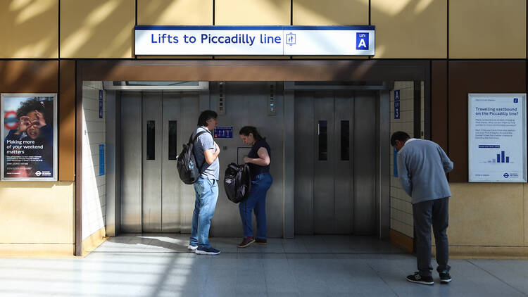 Lifts at a Piccadilly Line station in London