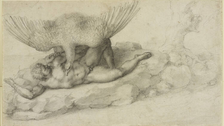 Michelangelo Buonarro/ (1475 – 1564), the punishment of Tityus. Black chalk on paper, 1532. Royal Collec/on Trust / © His Majesty King Charles III 2024
