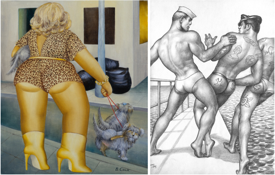 Beryl Cook, Lady of Marseille, c. 1990. Image courtesy of ourberylcook.com. Photo John Cook, 2023.  Tom of Finland, Untitled, 1962 (From the Athletic Model Guild ‘The Tattooed Sailor’ series). © 1962 Tom of Finland Foundation