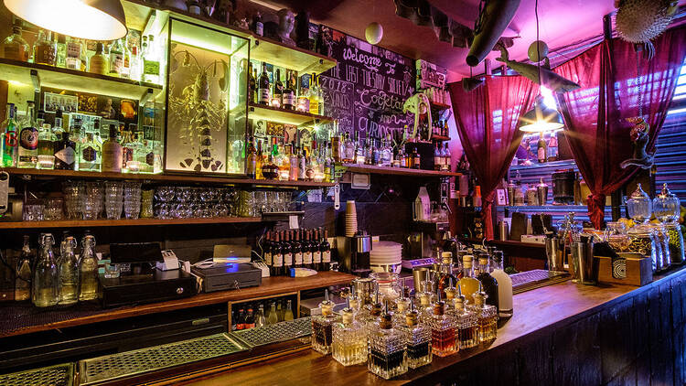 a colourfully lit bar at the Viktor Wynd Museum