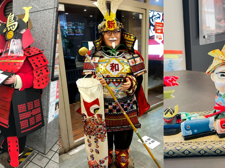 Colonel Sanders cosplays as a samurai at KFC Japan stores over Golden Week