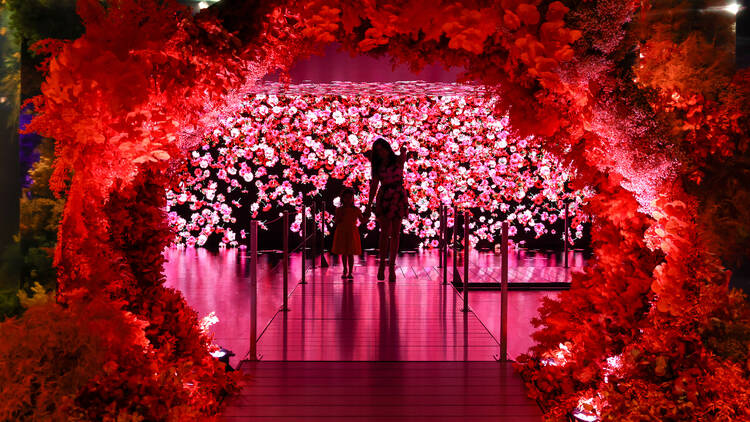 A red floral archway.