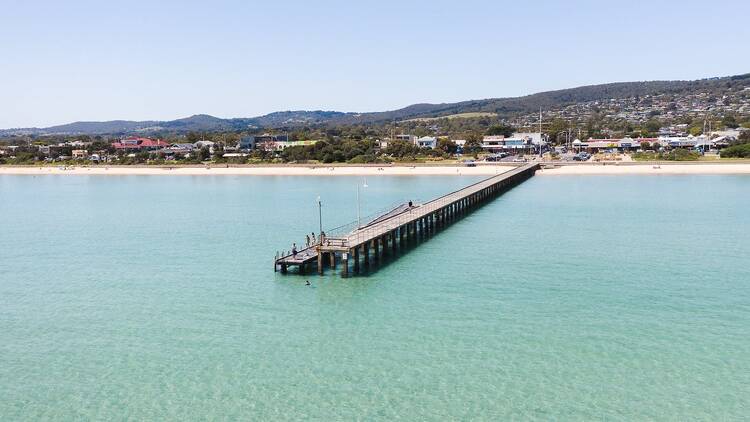 An aerial view of Dromana pier. 