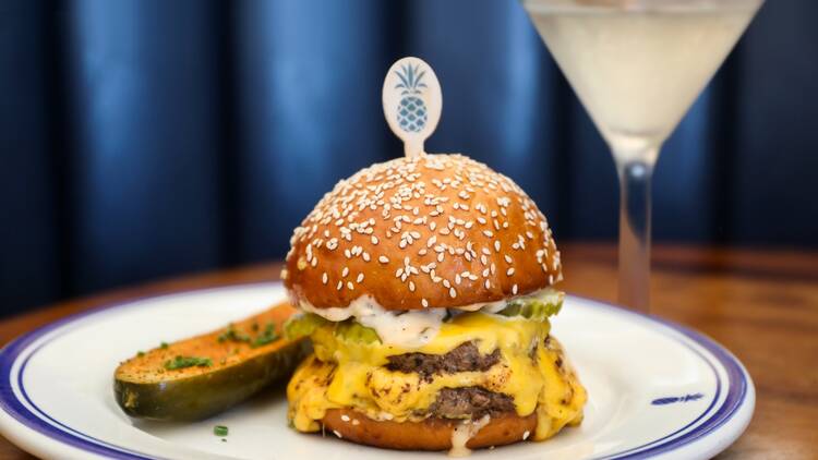 Hudson House cheeseburger and martini