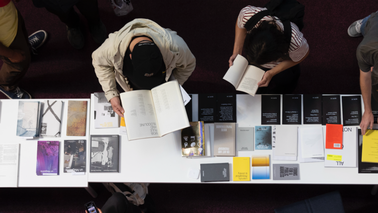Aerial view of a table at the Melbourne Art Book Fair