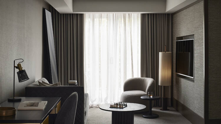 Black and grey hotel room