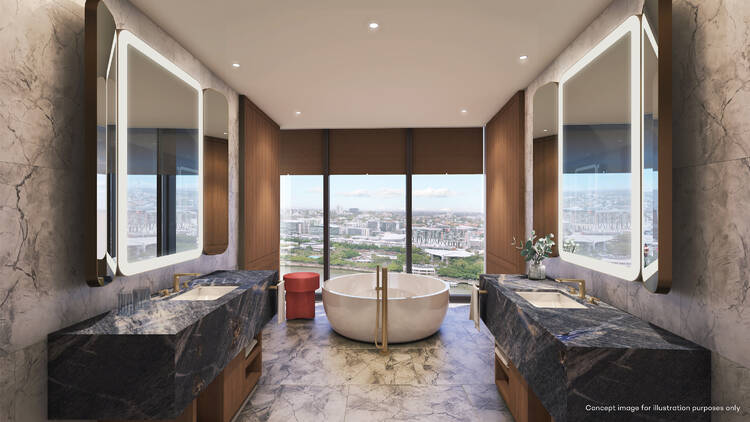 Skyline Penthouse ensuite with bath and two vanitys