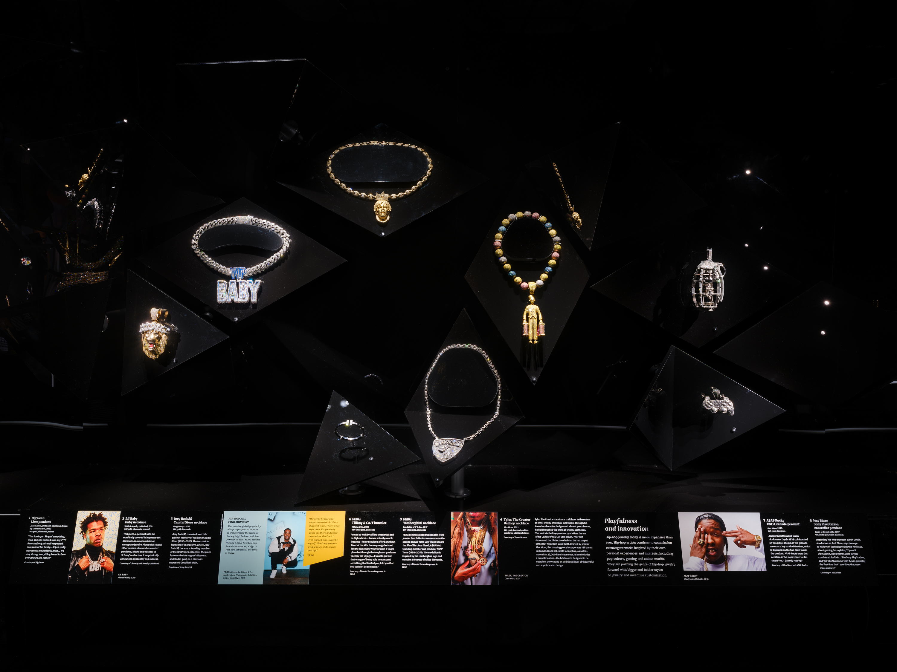 Jewelry in display cases at Ice Cold: An Exhibition of Hip-Hop Jewelry