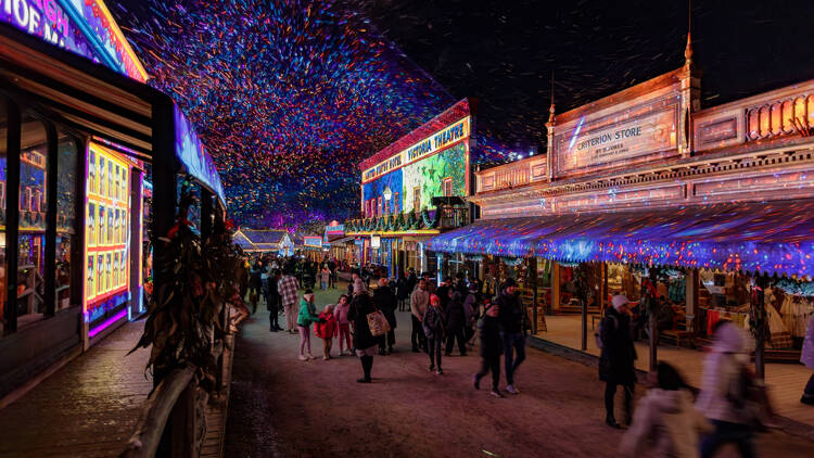 Snow falls at Sovereign Hill streetscape