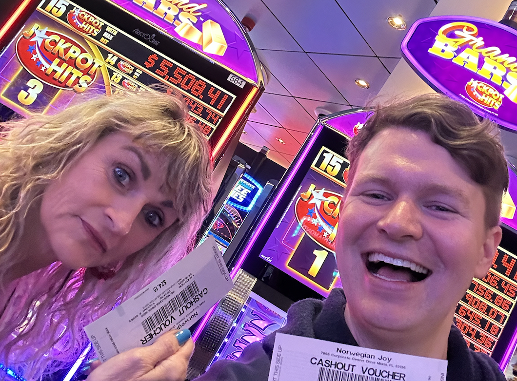 Zach Zimmerman and his mother in a cruise ship casino