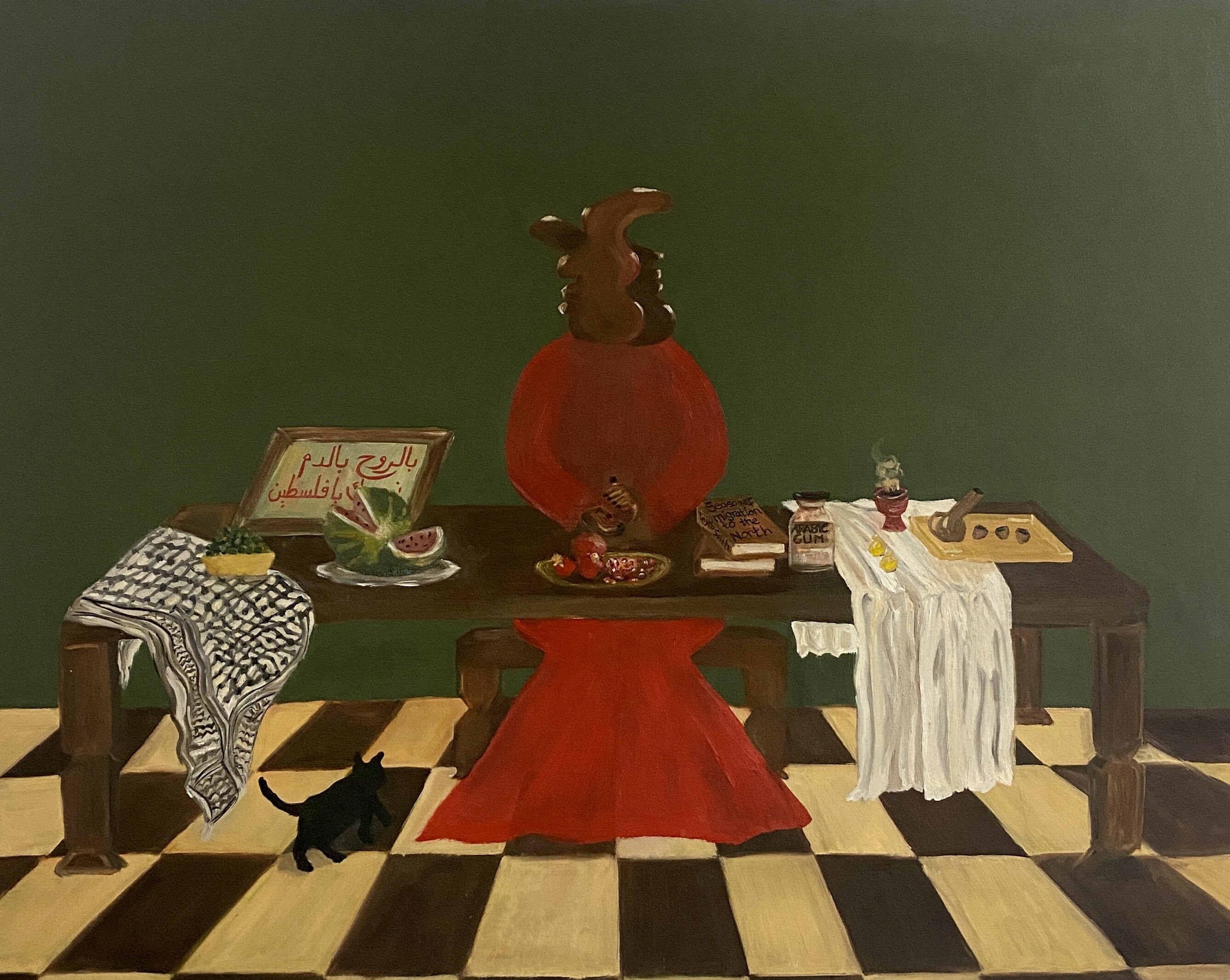 painting of a person in a red dress at a table