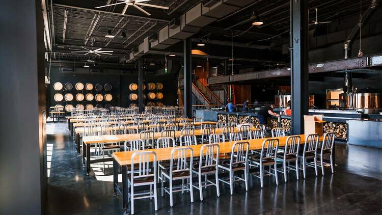 The cavernous restaurant at Trillium Brewing Company in Canton has tables and chairs ready for 100+ guests