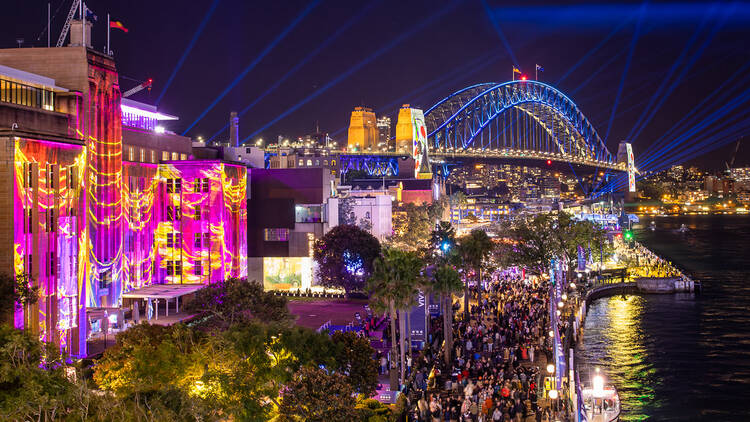 Sydney Harbour lit up with a light festival