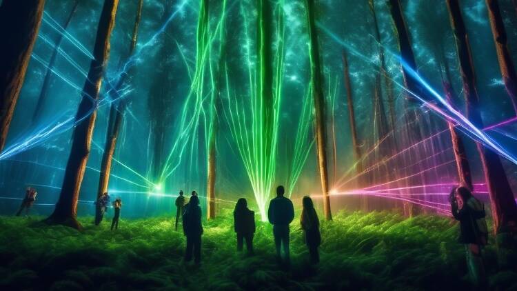 People standing in a forest surrounded by lasers.