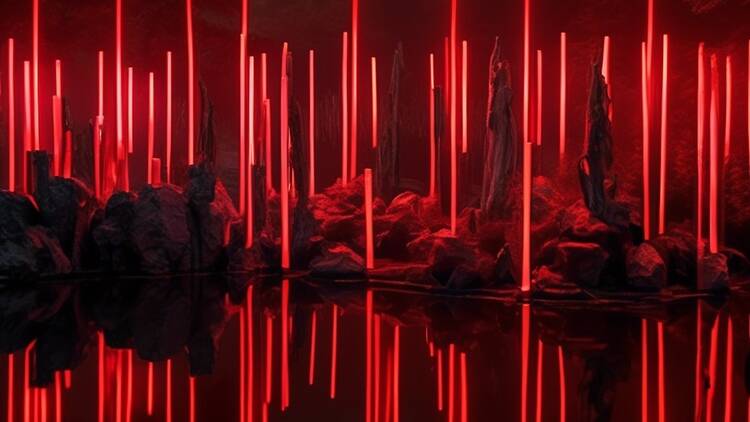 Poles of red light alongside a river bank.