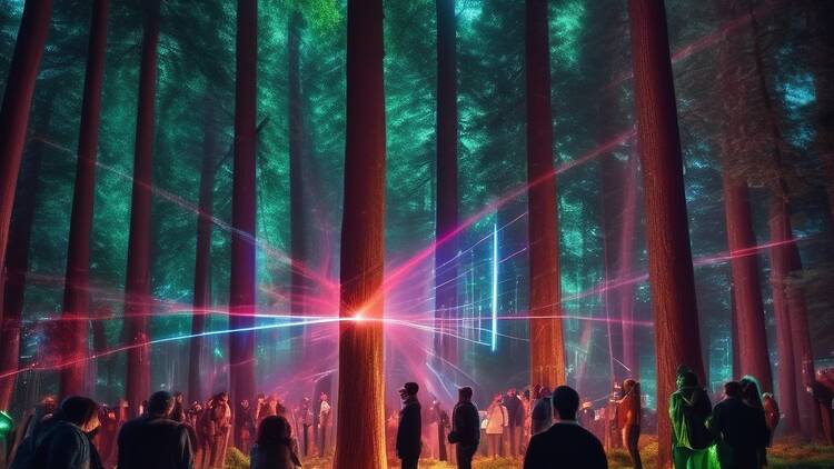 People standing in a forest surrounded by colourful lasers. 