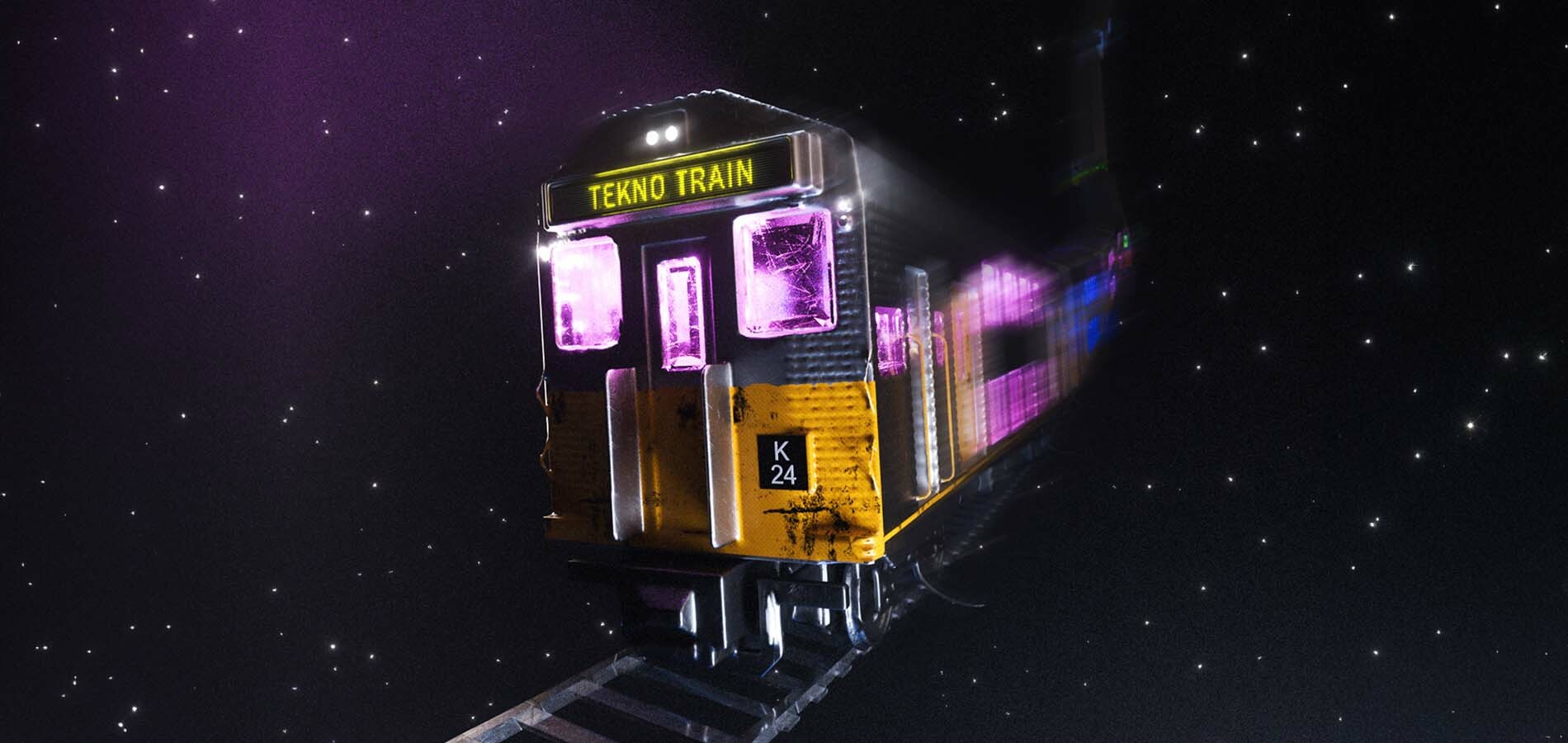 A train lit with purple party lights, with a sign saying: TEKNO TRAIN