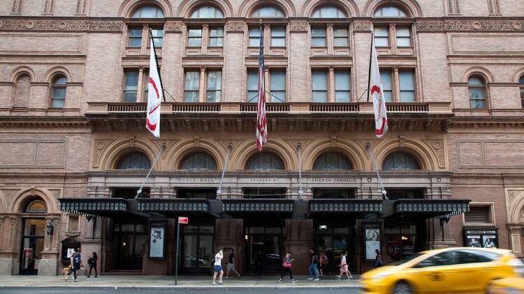 Front entrance to Carnegie Hall music hall.
