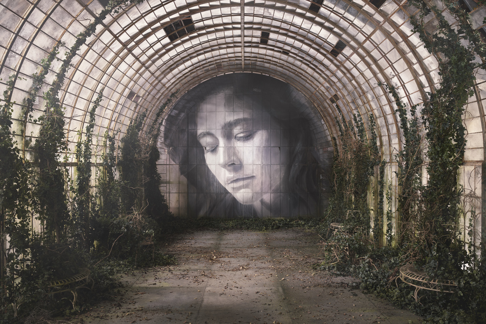 Mural of a lady in a glasshouse