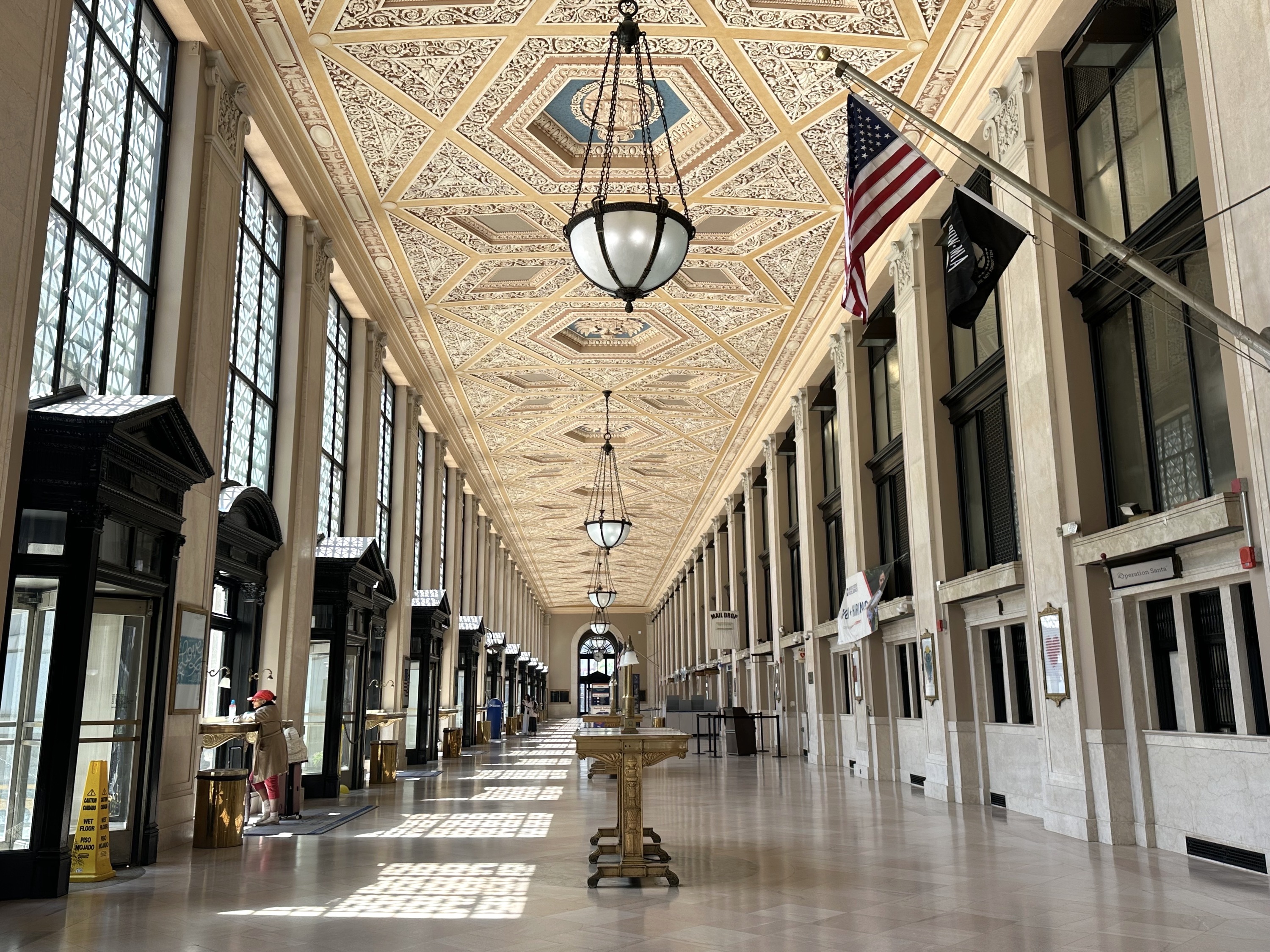 A fancy ceiling in a post office.