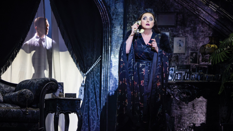 Sarah Brightman as Norma Desmond looks alarmed holding a telephone