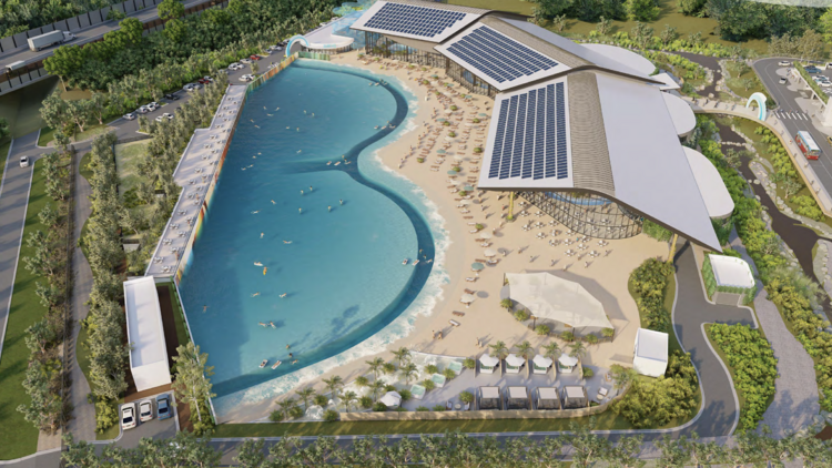 A rendering of a large swimming pool from an aerial view.