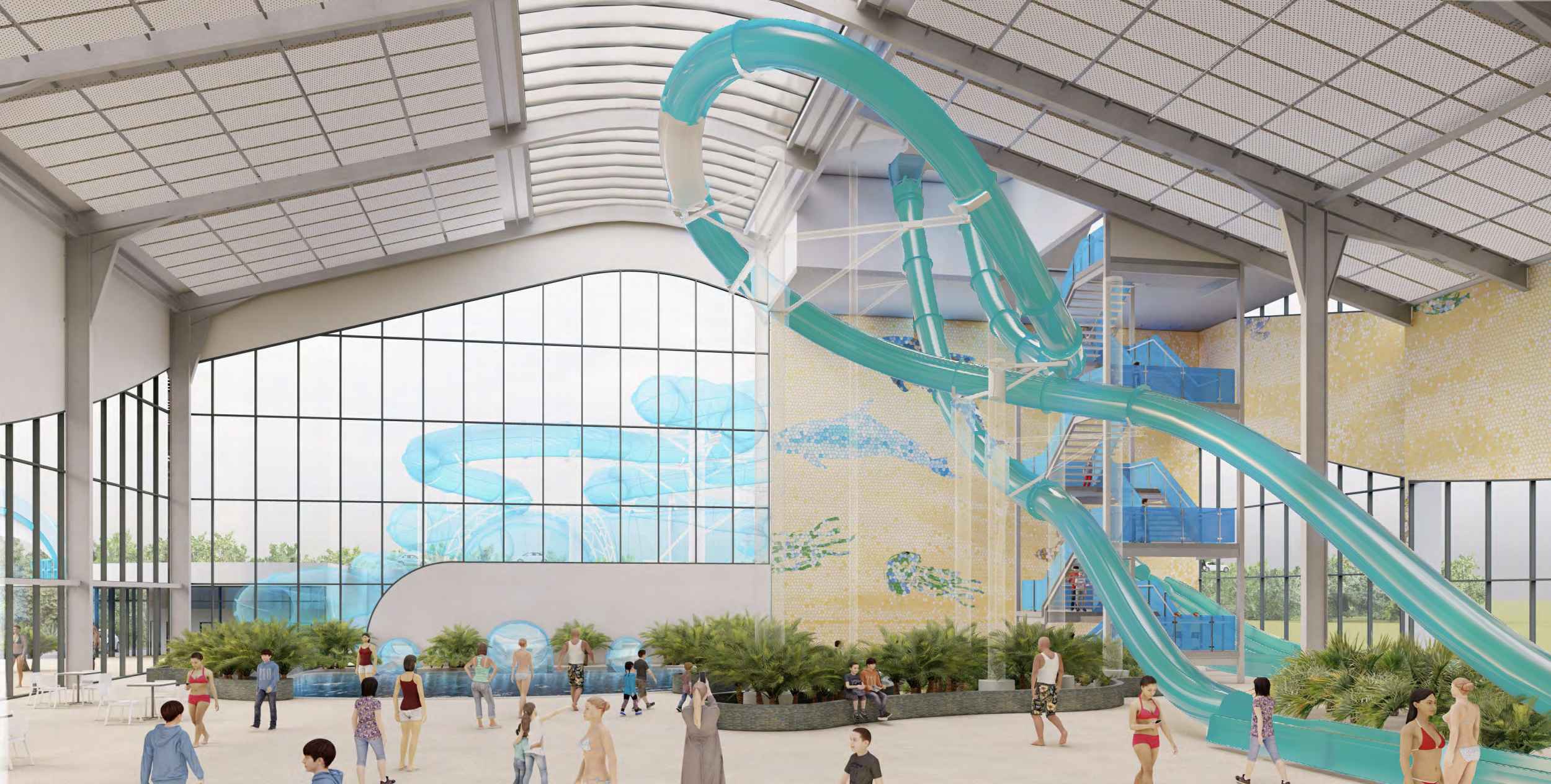 A rendering of the interior of an aquatic centre with a large water slide.