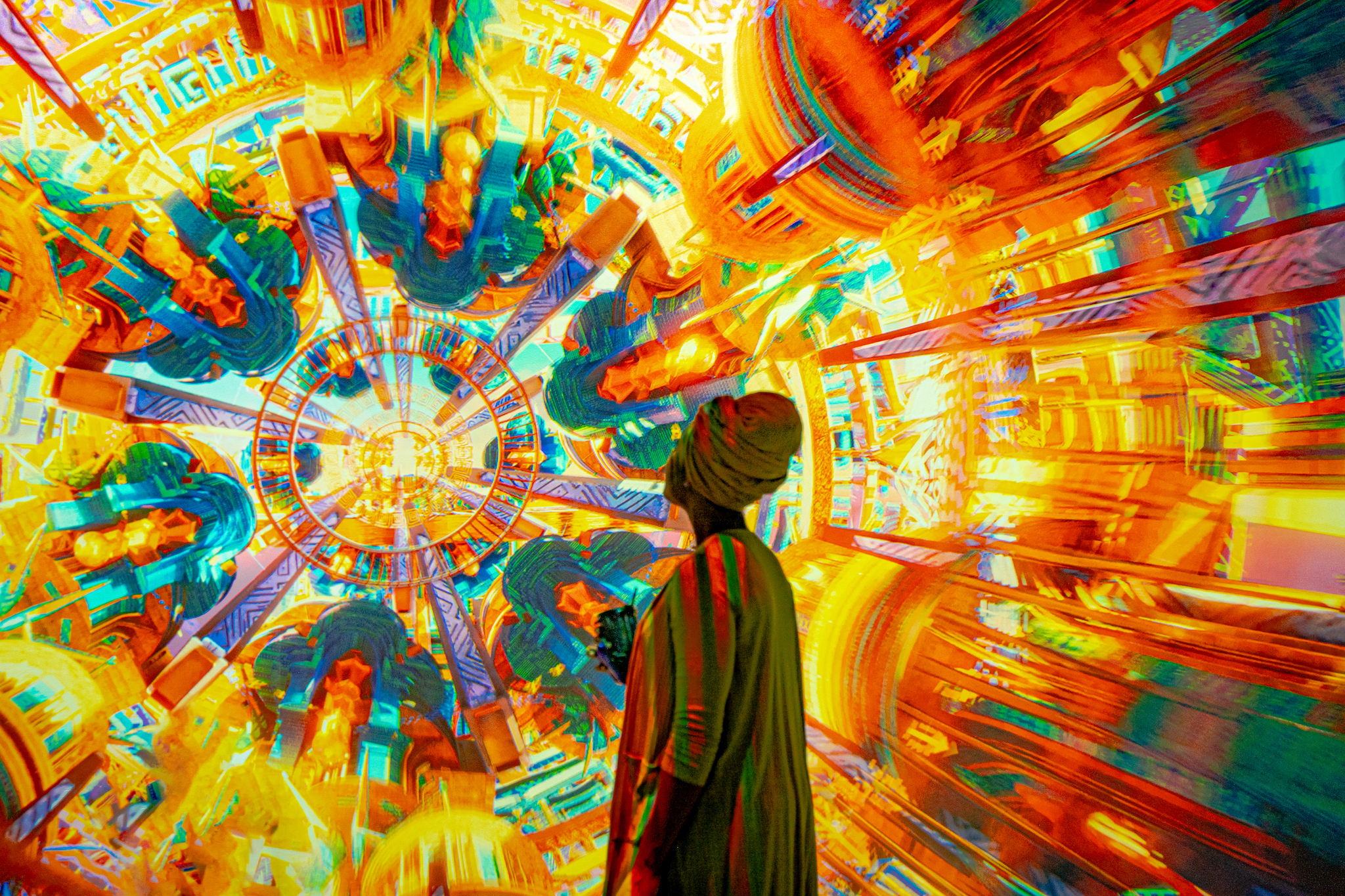 A woman looks at an immersive exhibit.