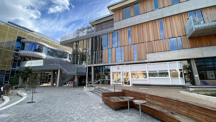 The exterior of modern university buildings. 