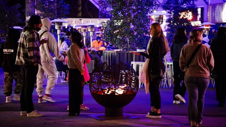 People standing around a fire pit. 