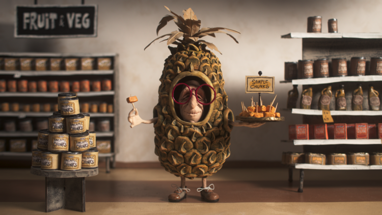 Still from a claymation film showing a character in a pineapple suit