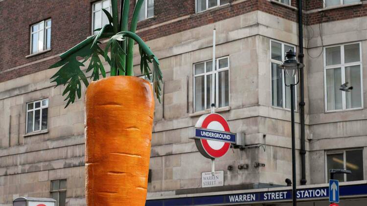 Giant orange fibre glass carrot with green leaves stands outside Warren Street Station 