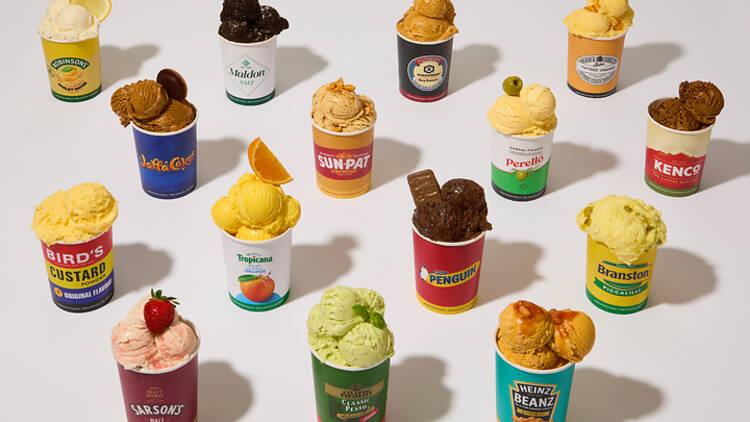 Overhead view of ice cream flavours in colourful tubs