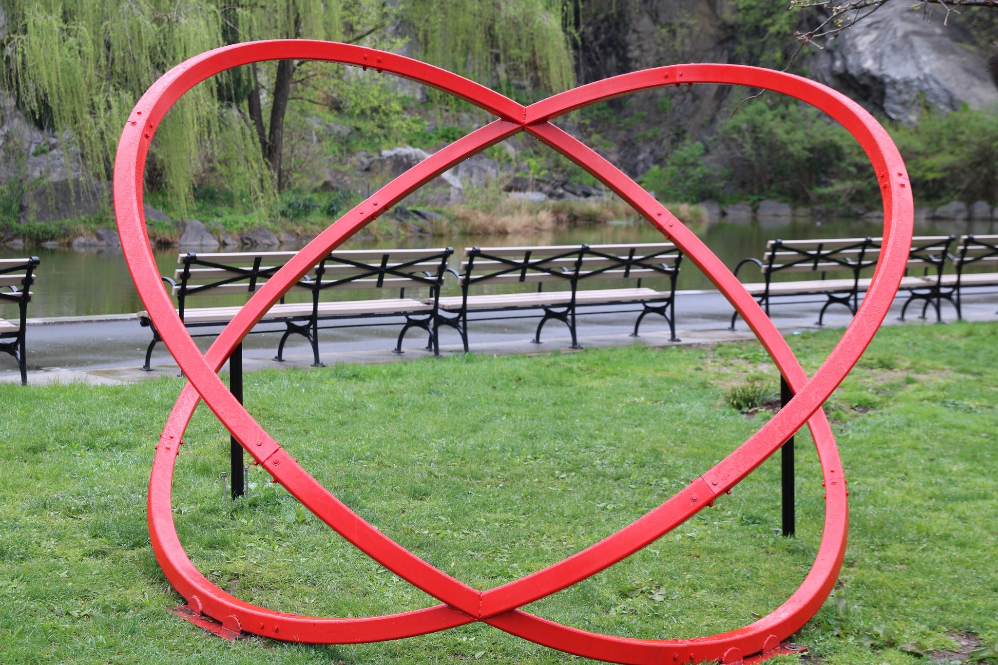 Red steel pipes form to make an abstract XOXO.