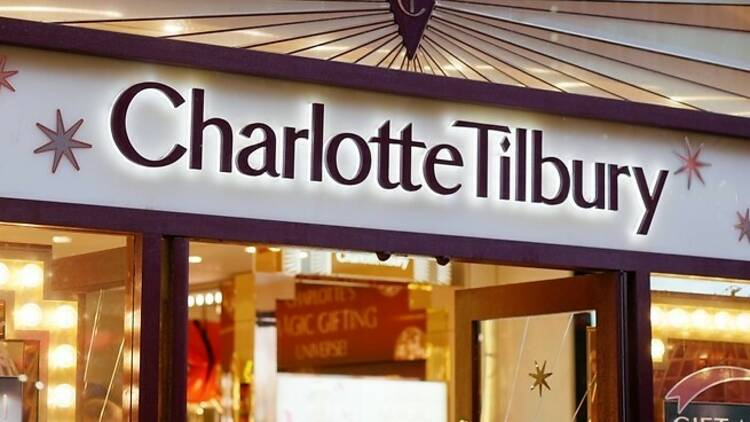 Charlotte Tilbury brand logo above the entrance to a makeup store