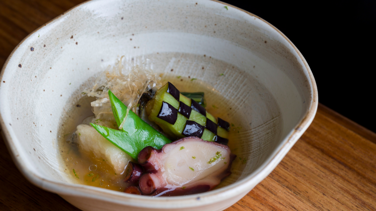 Cod, oyster and octopus in broth dish at Shusai Mijo.