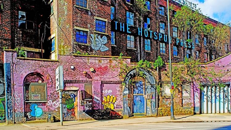 The Hotspur Press in Manchester, derelict building with graffiti