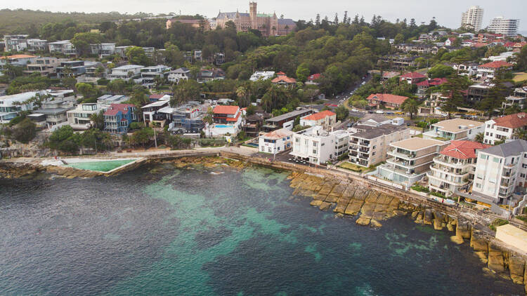 Aerial overlooking Fairy Bower Pool and the Cabbage Tree Bay Aquatic Reserve, Manly.