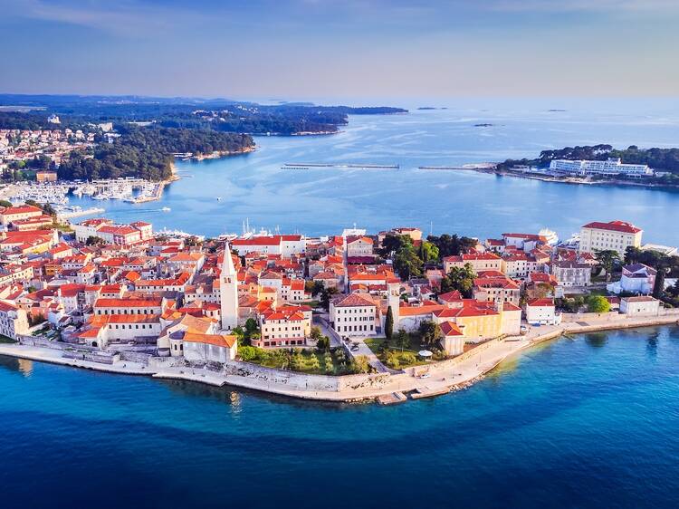 Porec, Croatia. Aerial drone view of old town and Adriatic Sea, Istria region, Europe