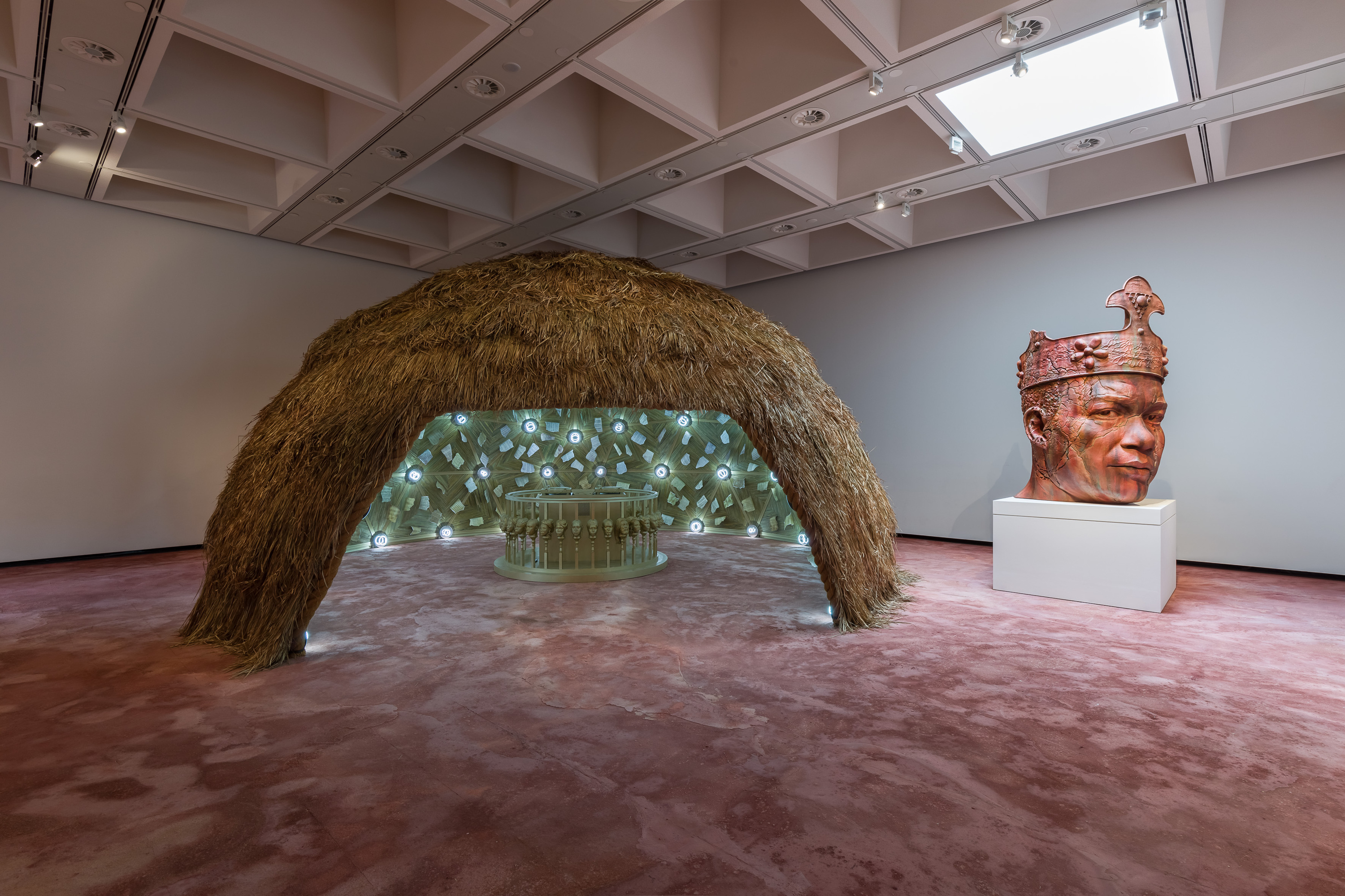 Installation view by Tavares Strachan: There Is Light Somewhere. Intergalactic Palace, 2024, and Ruin of a Giant (King Tubby), 2024. Photo: Mark Blower. Courtesy of the artist and Hayward Gallery.