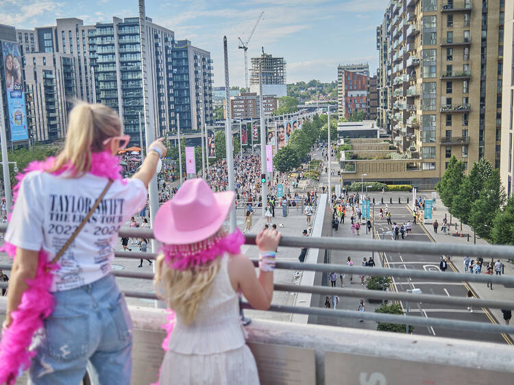 Two fans pointing over Wembley 