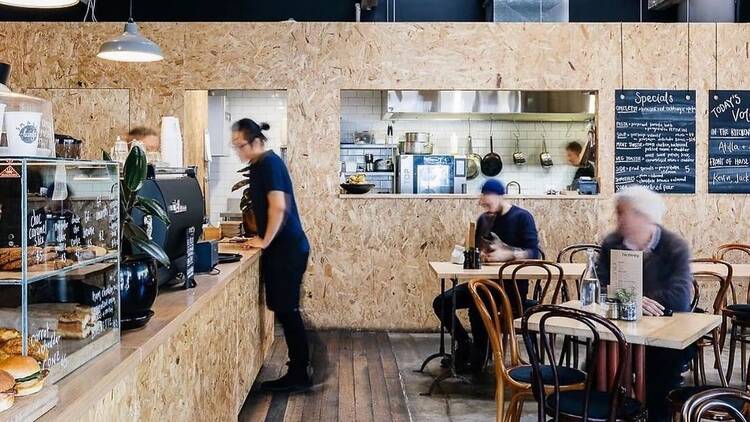 Cafe with cork board walls