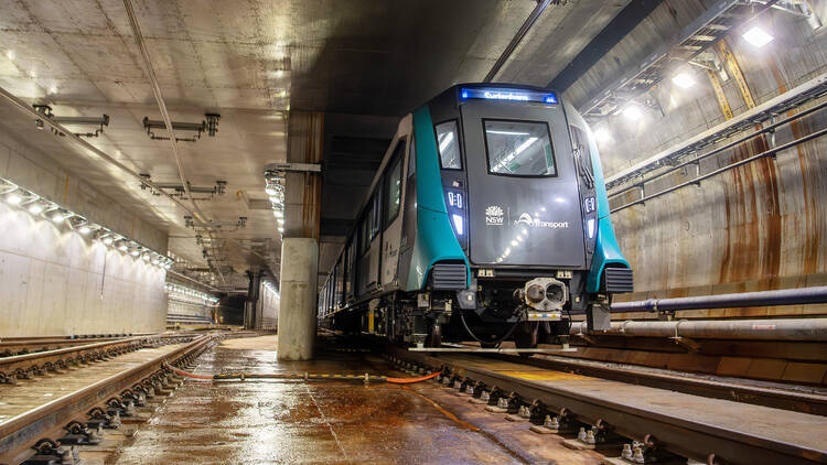 Sydney Metro City and Southwest train TS5 travels through the crossover cavern just north of Barangaroo station during testing.