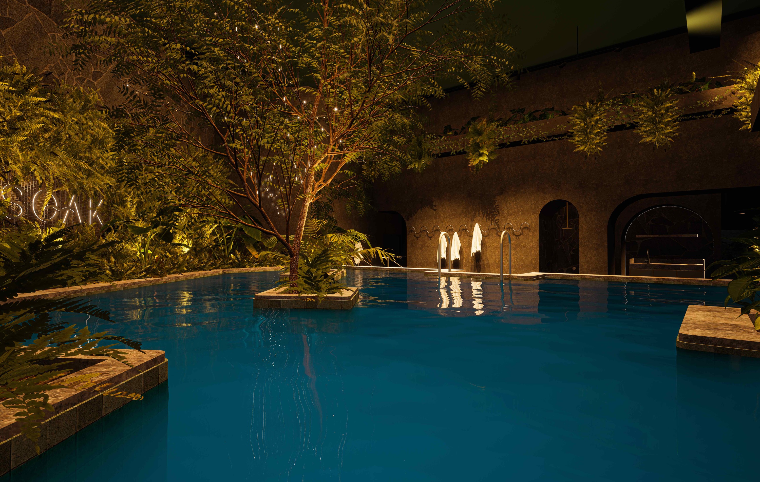 A large bathing pool, illuminated in the evening. 