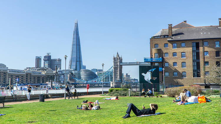 London in the sunshine with the Shard and Tower Bridge in the background