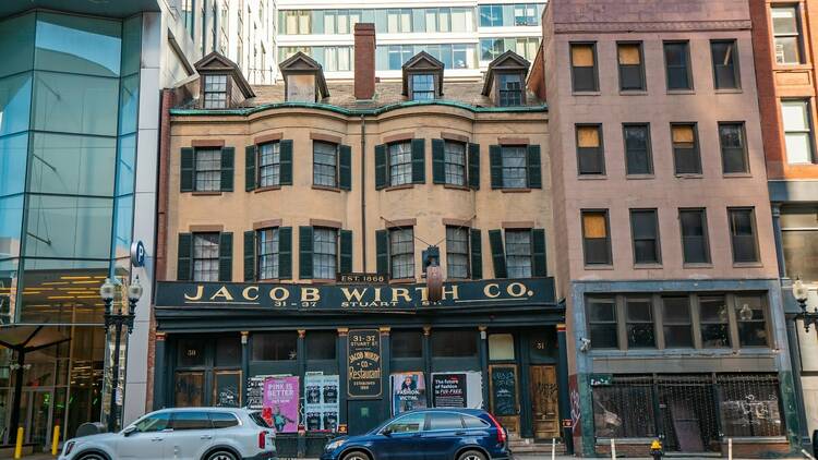 BOSTON, MA - March 10, 2022: Exterior view of 31-37 Stuart St, built in 1845 and housing the restaurant founded by Jacob Wirth in 1868.