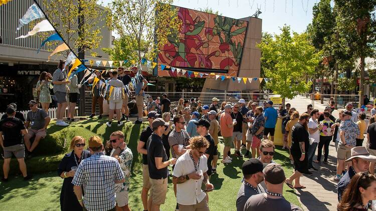 People gathering in a beer garden