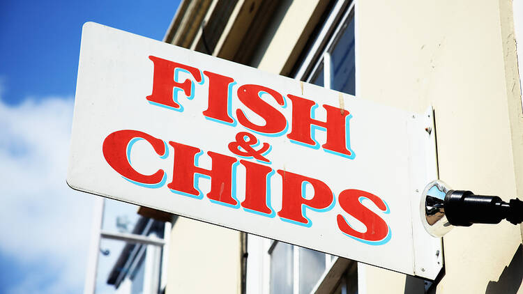 Fish and chips shop sign in the UK