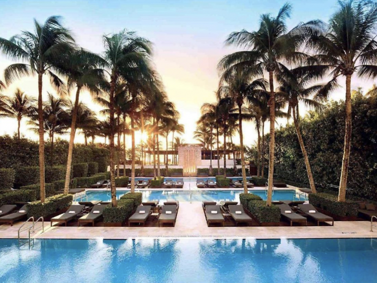 a row of pools surrounded by palms trees and a view overlooking a sunset.